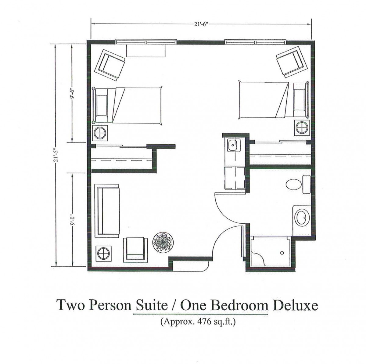 Floor plan of a two-person suite featuring one bedroom and deluxe amenities.