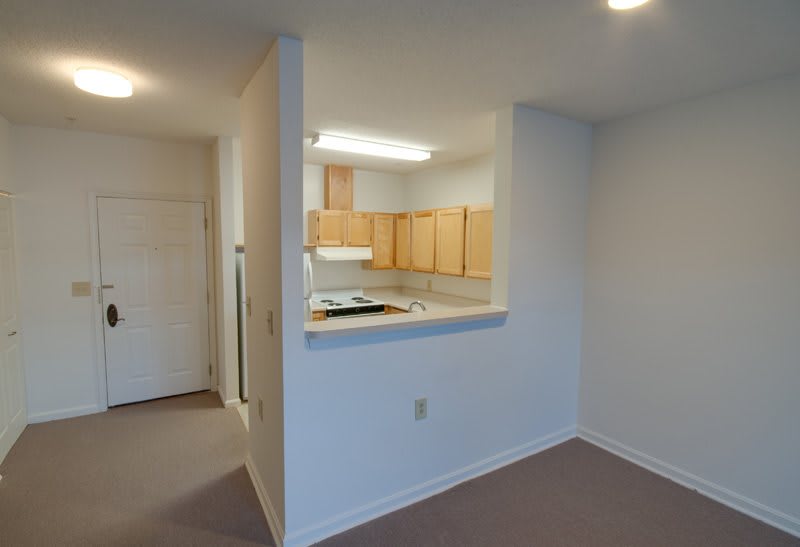 An open layout apartment with a view of the kitchen area.