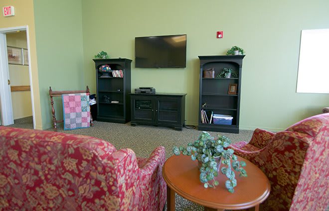 A cozy living room with a television, bookshelves, and floral armchairs.