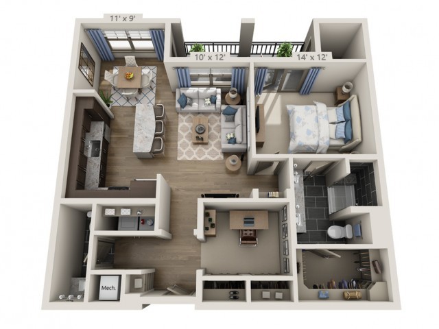 A detailed 3D floor plan of an apartment showcasing the layout with bedrooms, bathroom, kitchen, and living area.