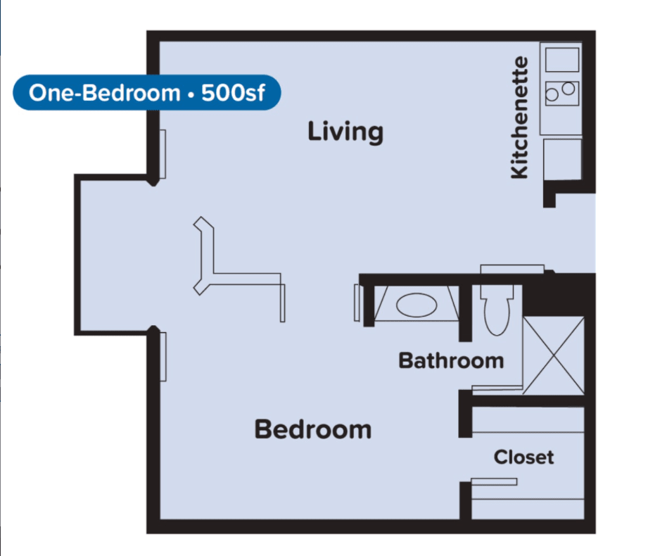 Floor plan of a 500 sq ft one-bedroom apartment.