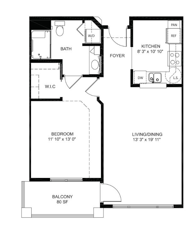 One-bedroom apartment floor plan with a kitchen, living room, bathroom, and balcony.
