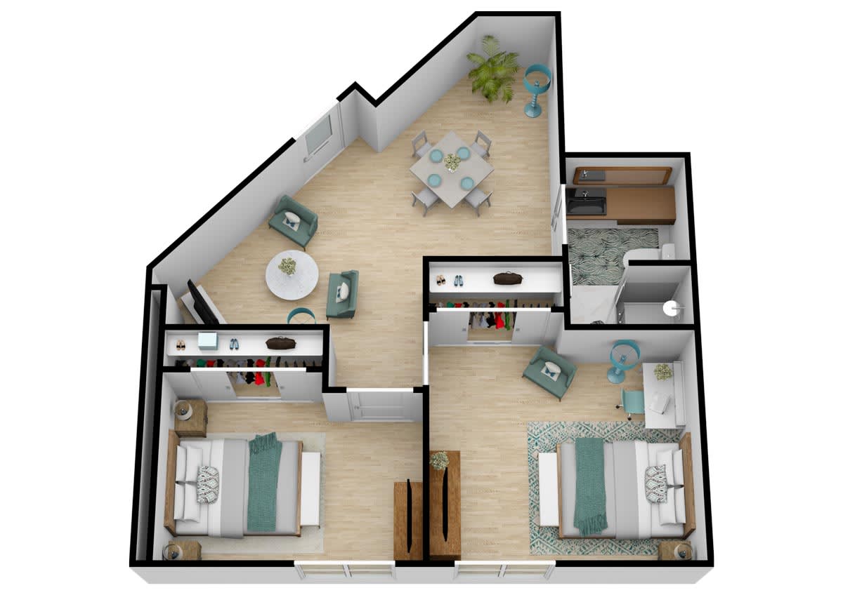A floor plan of a modern two-bedroom apartment with a living area, kitchen, and bathroom.