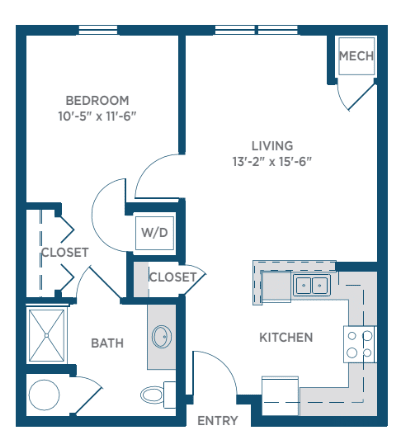 A floor plan of a one-bedroom apartment featuring a kitchen, living room, bathroom, and closets.