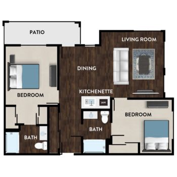 A floor plan of a two-bedroom apartment with a living room, kitchenette, bathroom, and patio.