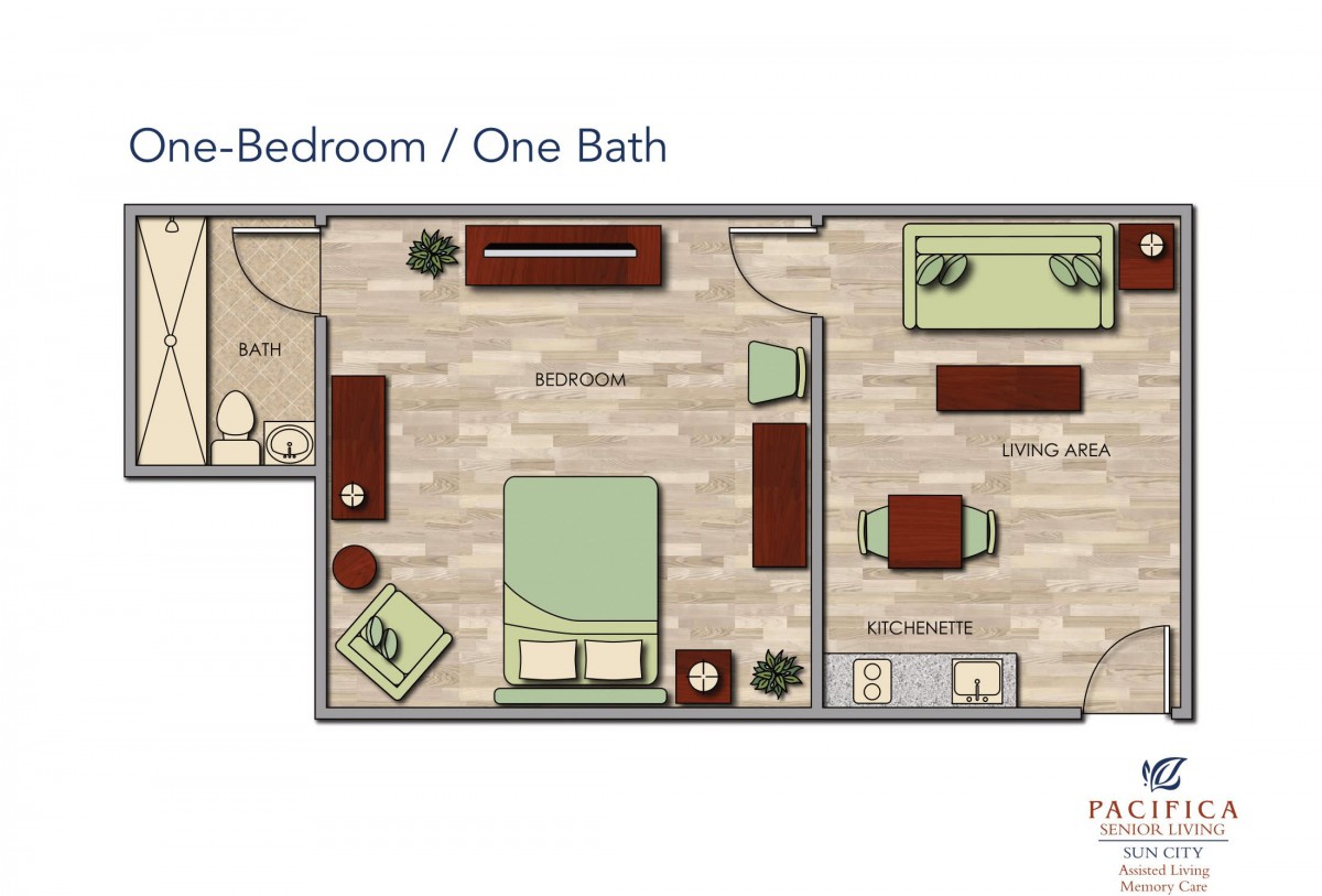 A floor plan of a one-bedroom, one-bath apartment.