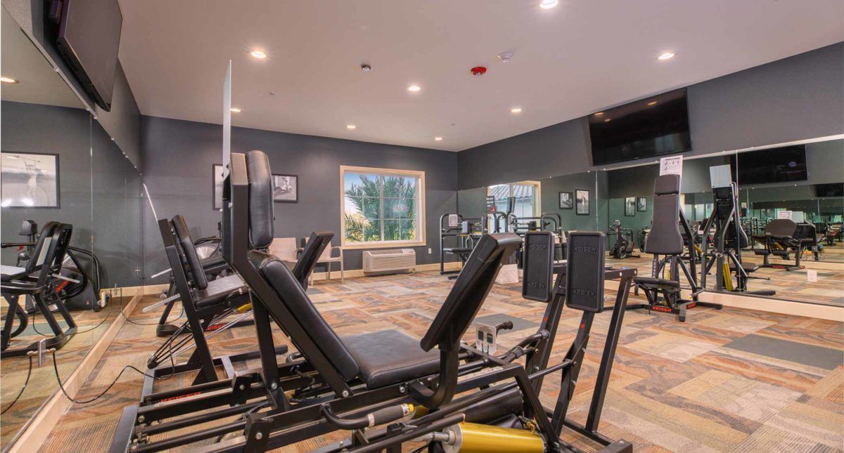 A well-equipped gym with various exercise machines and weights.
