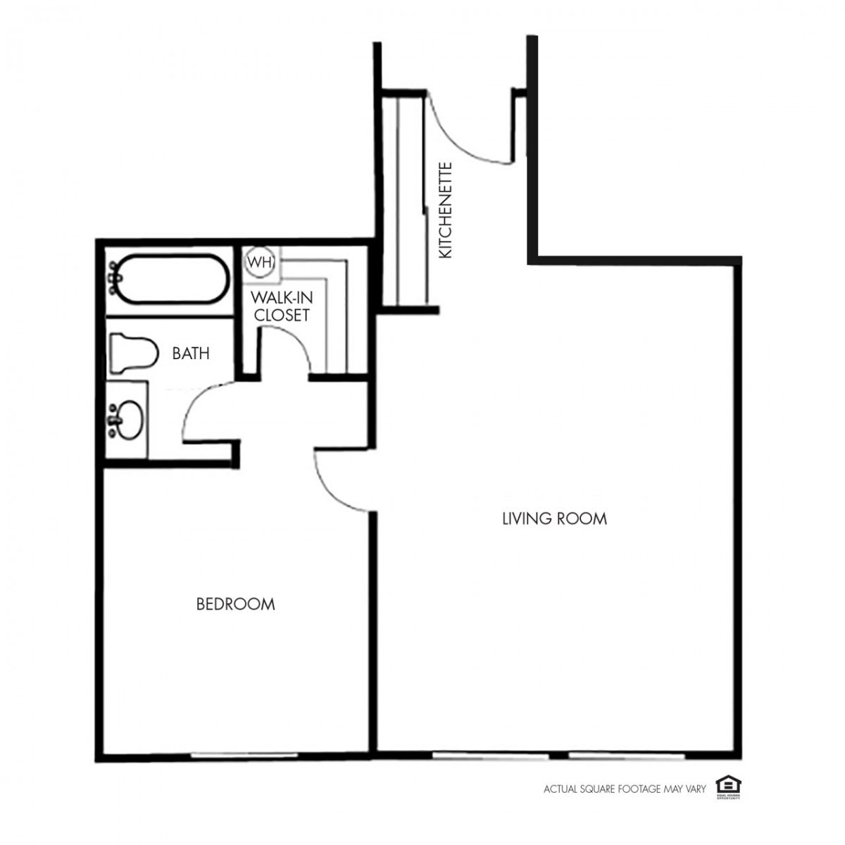A simple floor plan showing a one-bedroom apartment with a living room, kitchen, and bathroom.