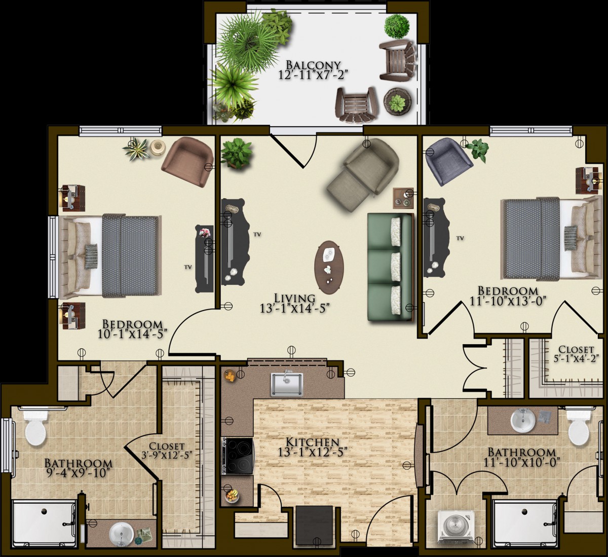 A floor plan of an apartment with two bedrooms, a living room, kitchen, two bathrooms, and a patio.