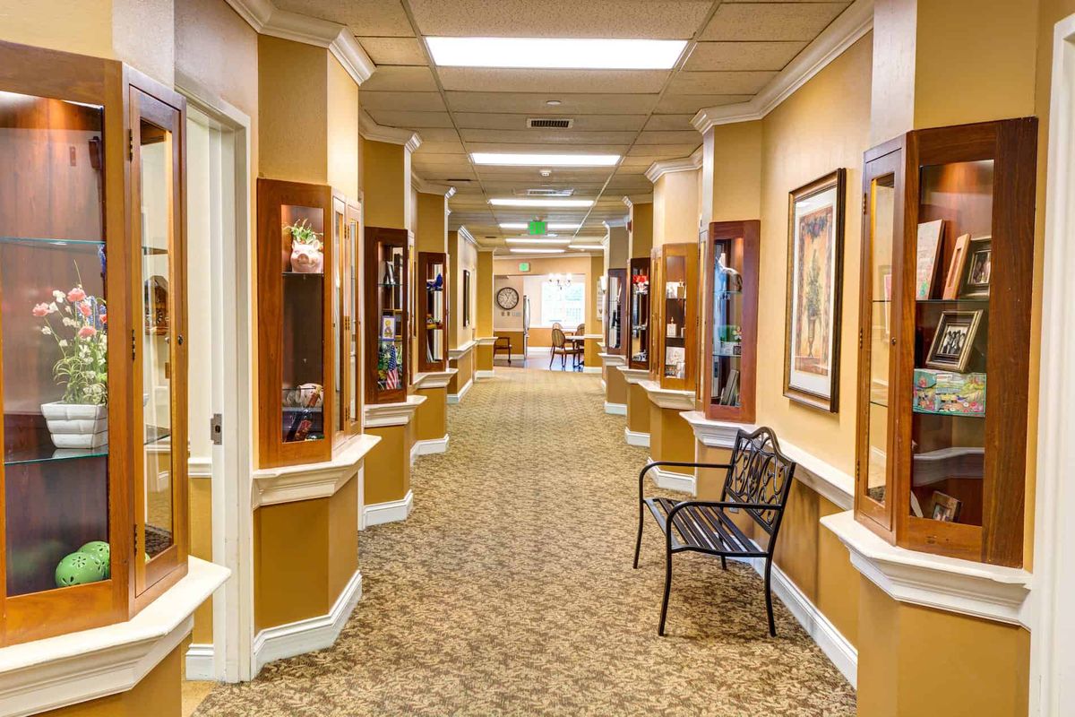 A well-lit hallway with decorative elements and seating.