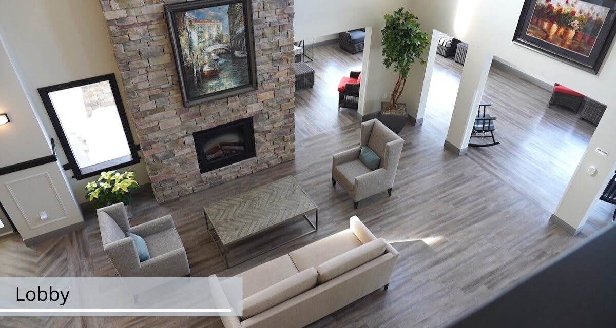 A modern living room with a cozy fireplace and stylish furniture.