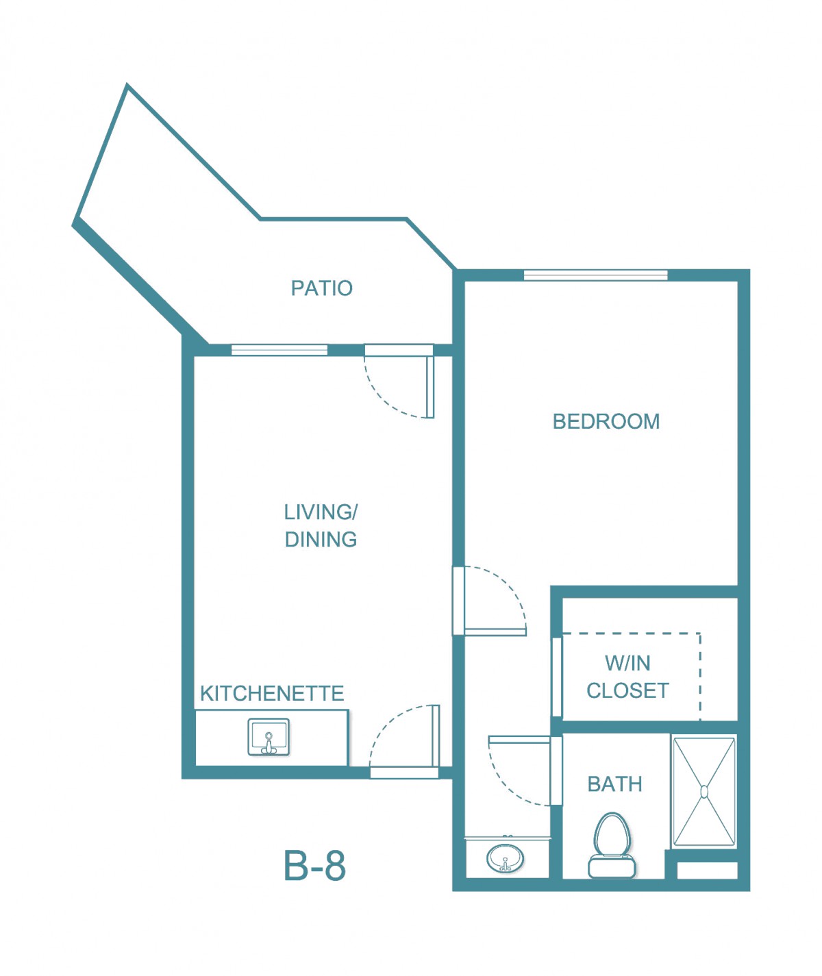 Floor plan depicting a one-bedroom apartment with a kitchen, living/dining area, bathroom, and patio.