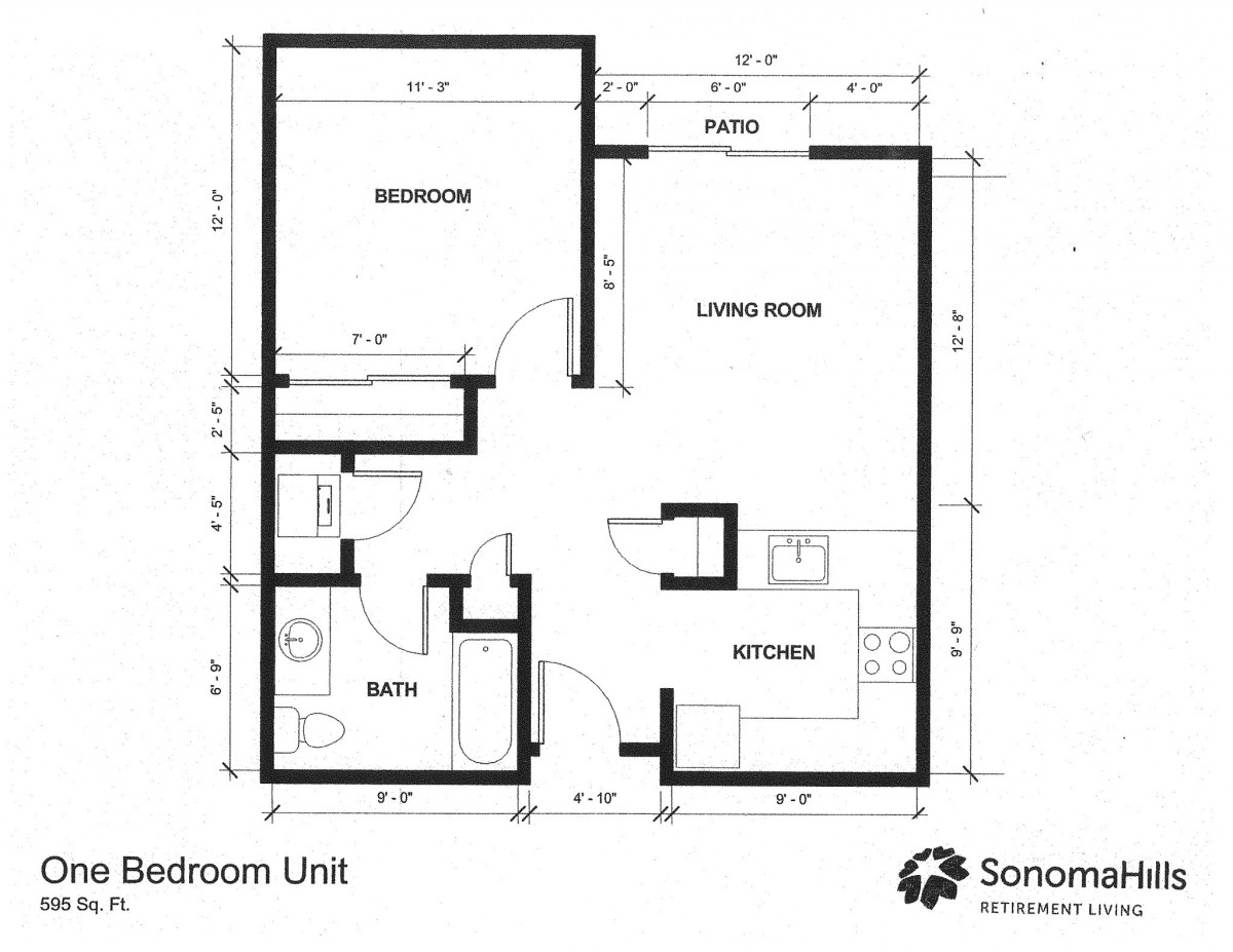 Floor plan of a one-bedroom apartment unit showing the arrangement of rooms including the living room, kitchen, and bathroom.
