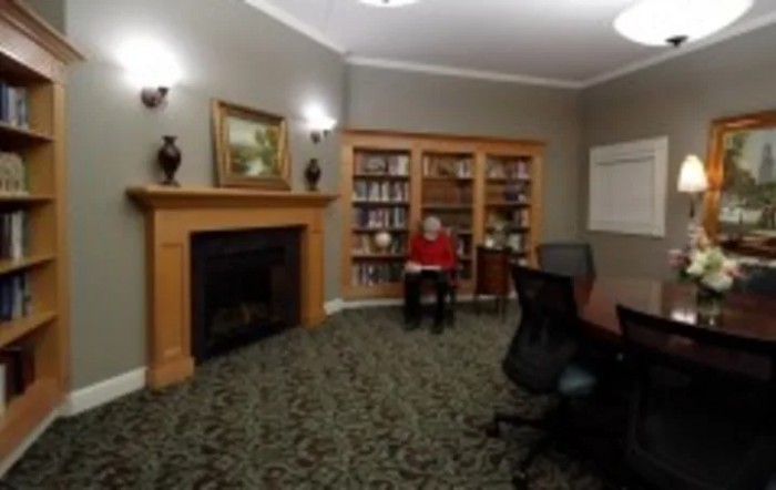 A cozy library room with a fireplace, bookshelves, and seating area.