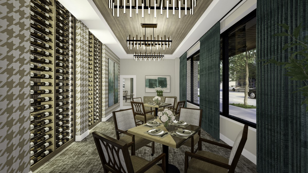 A stylish dining room with elegant chandeliers and neatly arranged tables and chairs.