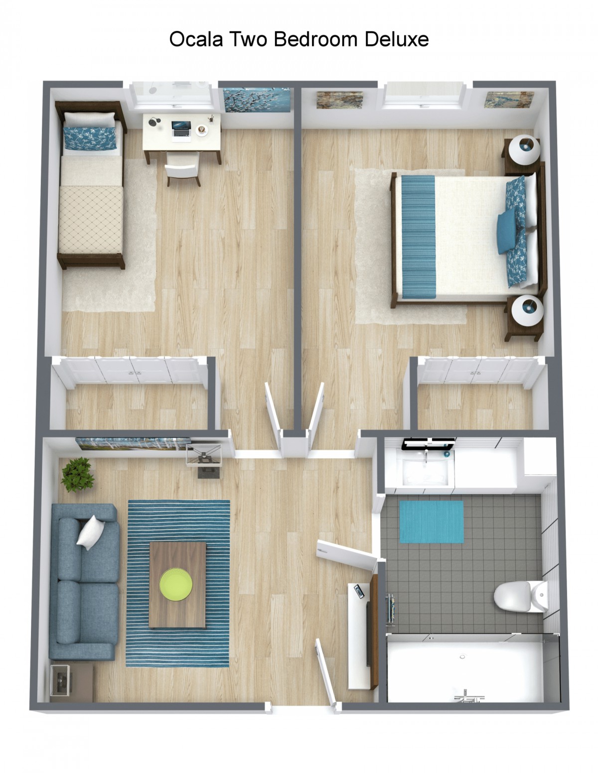 A 3D floor plan of a two-bedroom apartment, featuring a living room, kitchen, and bathroom.