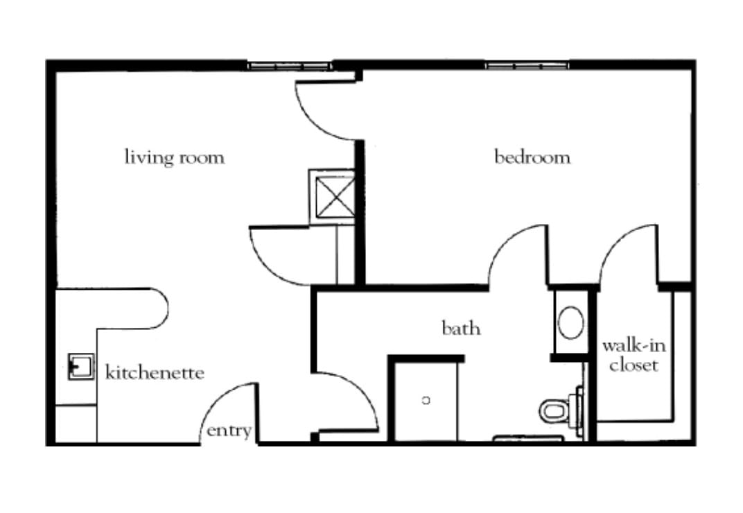 A floor plan depicting the layout of an apartment, including a living room, kitchenette, bedroom, bath, and walk-in closet.