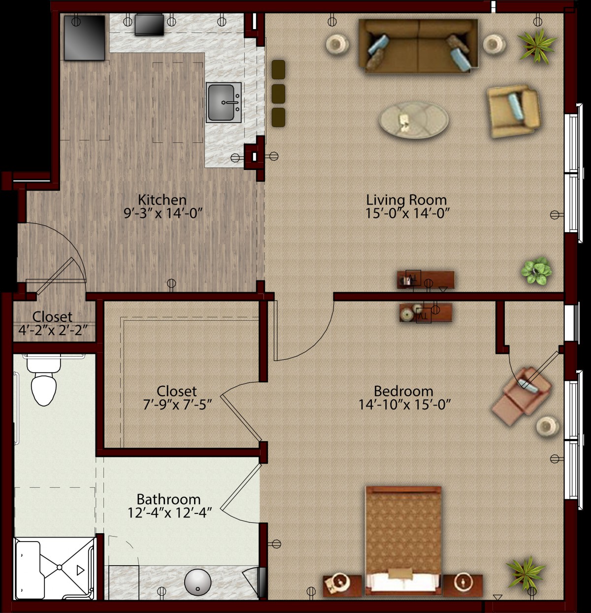 This is a floor plan of an apartment featuring a living room, kitchen, bedroom, and bathroom.