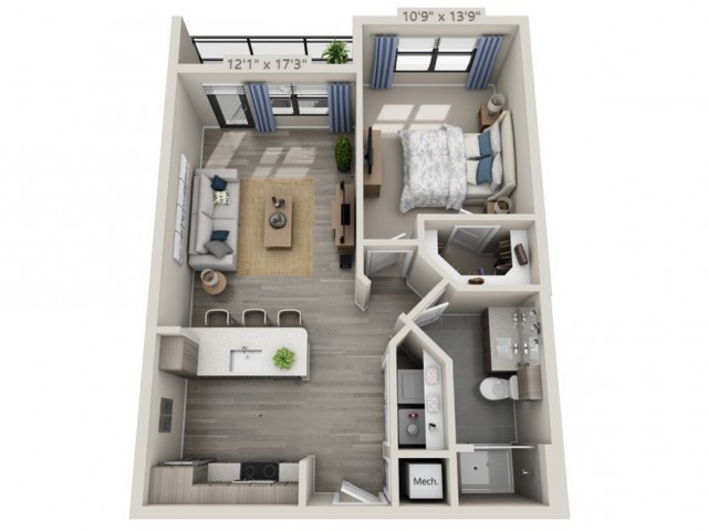 A 3D floor plan of a one-bedroom apartment featuring a living room, kitchen, bathroom, and bedroom.