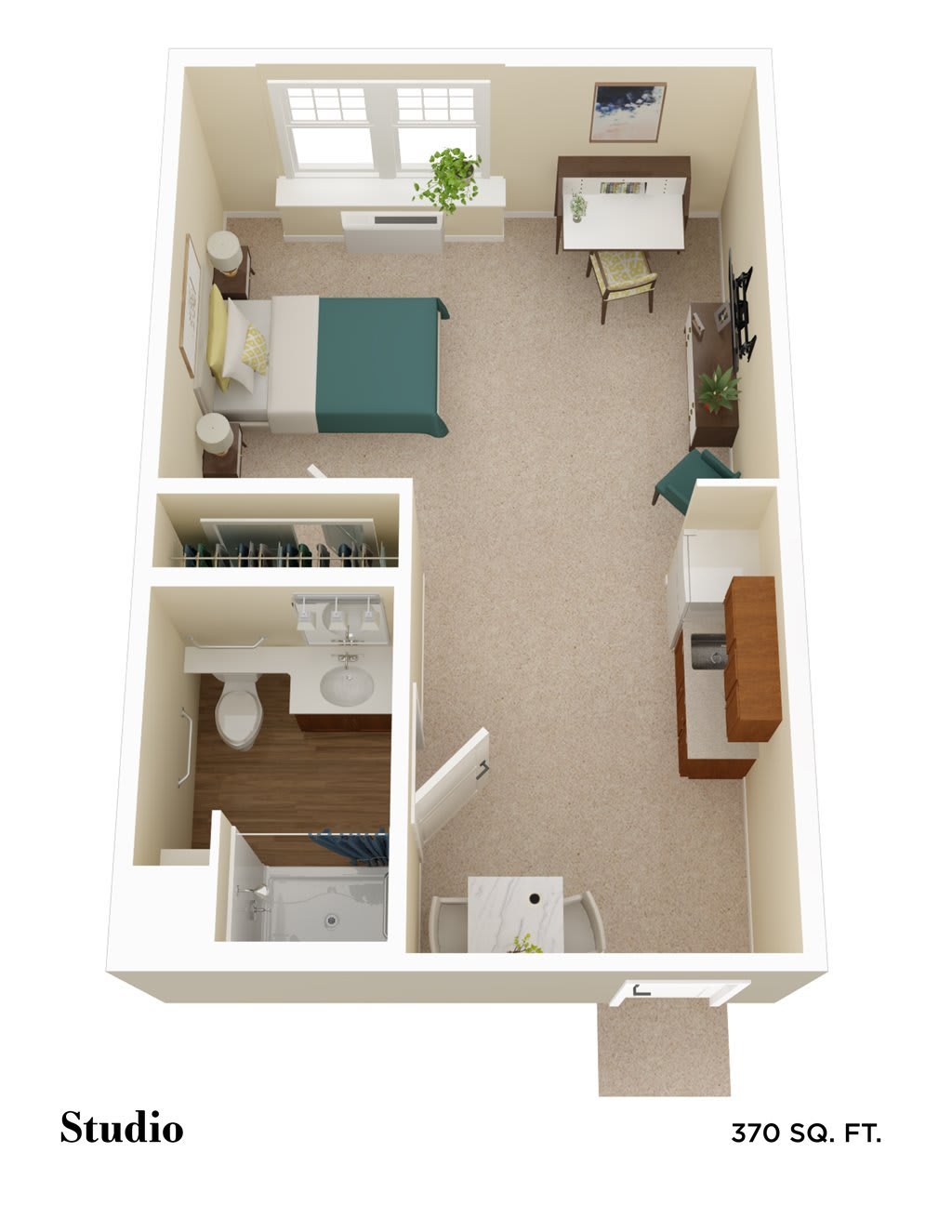 Studio apartment floor plan featuring a compact layout with a bedroom, bathroom, and kitchen area.