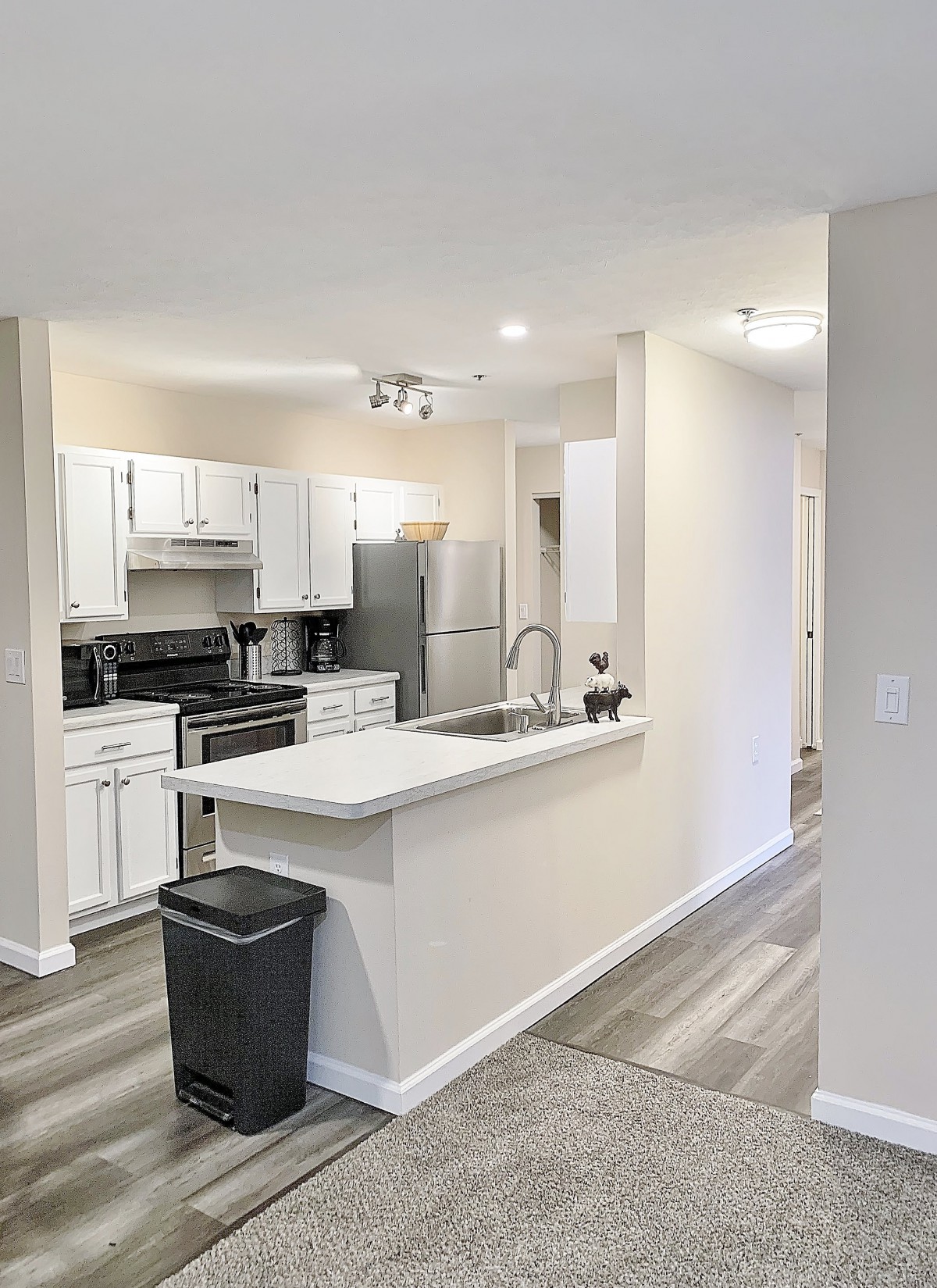 Modern kitchen with white cabinets and stainless steel appliances.