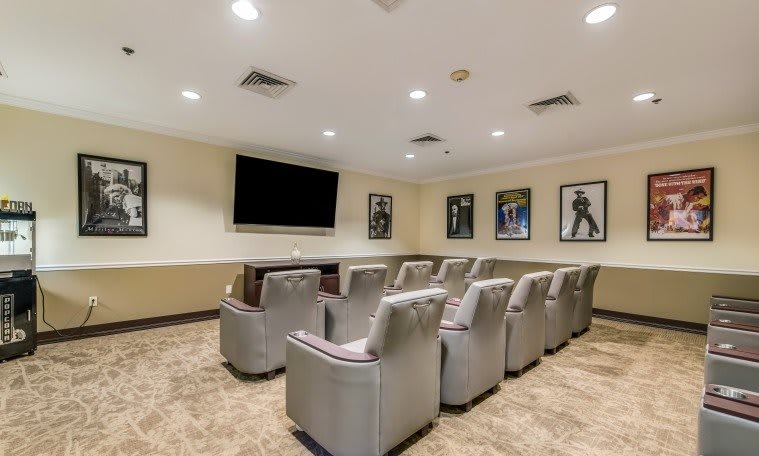 A cozy home theater with comfortable seating, featuring a large TV and movie posters on the walls.