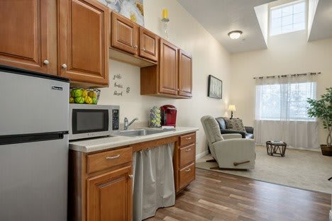 A cozy living area with a compact kitchen setup featuring wooden cabinets and modern appliances.