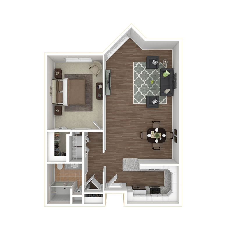 A one-bedroom apartment floor plan featuring a living area, kitchen, dining space, bathroom, and bedroom.
