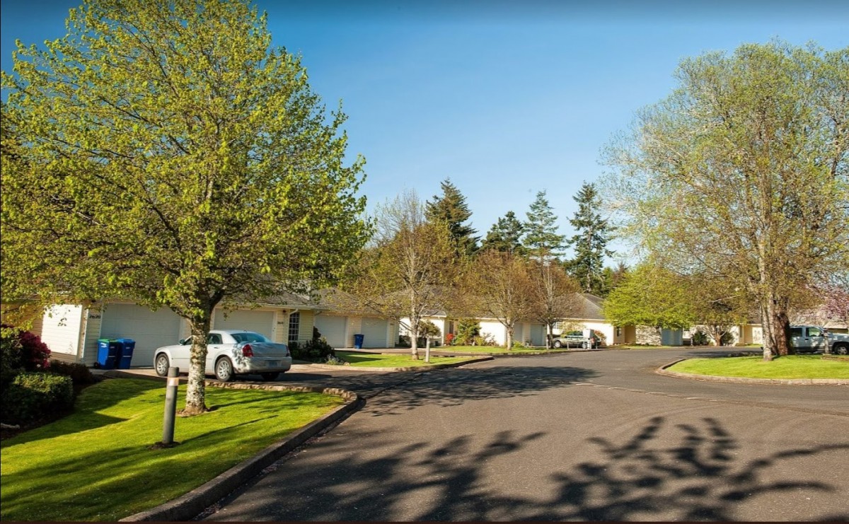 A quiet suburban street lined with houses and trees.