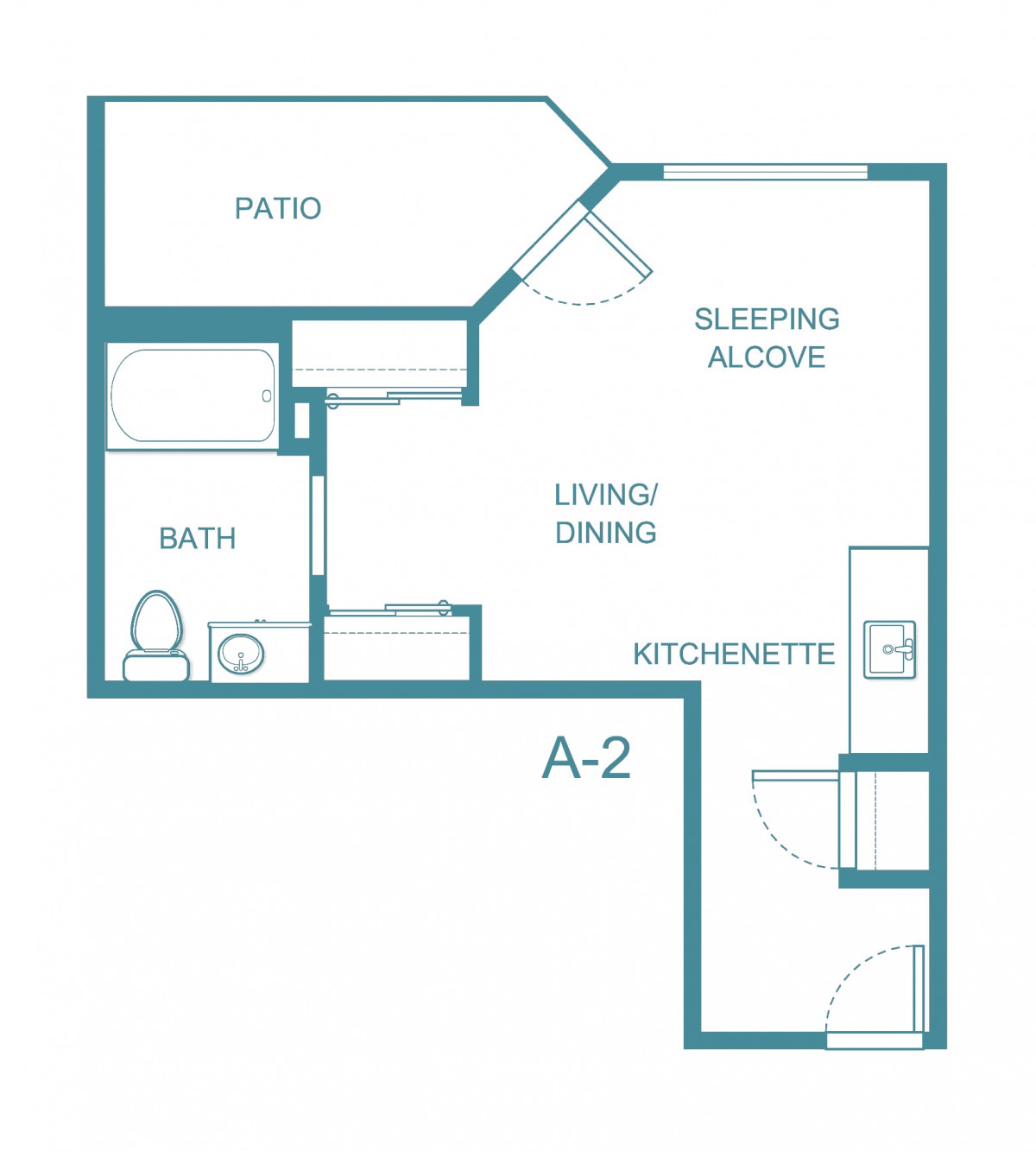 Studio apartment floor plan with designated areas for living, dining, sleeping alcove, and kitchenette.