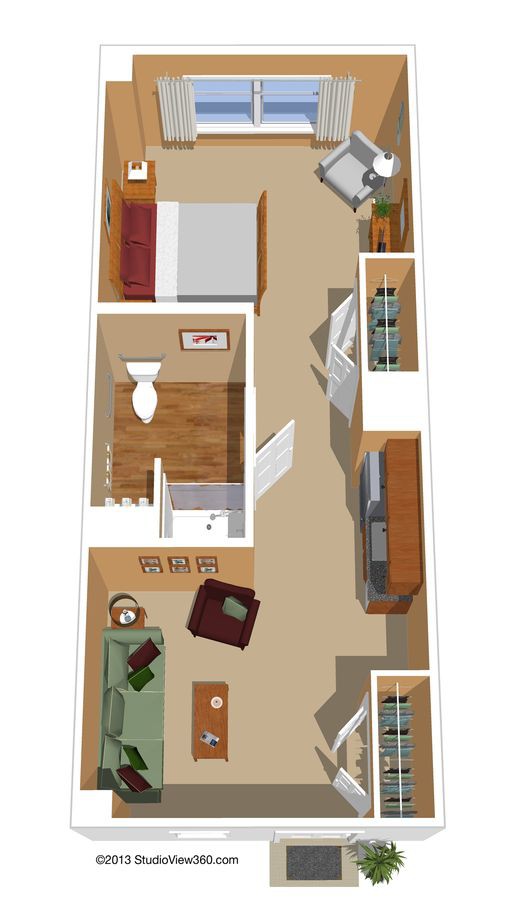 A detailed floor plan of a one-bedroom apartment including a bathroom, a kitchen, and a living area.