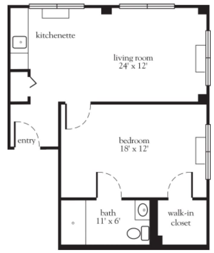 A floor plan of a one-bedroom apartment featuring a kitchen, living room, bathroom, and walk-in closet.