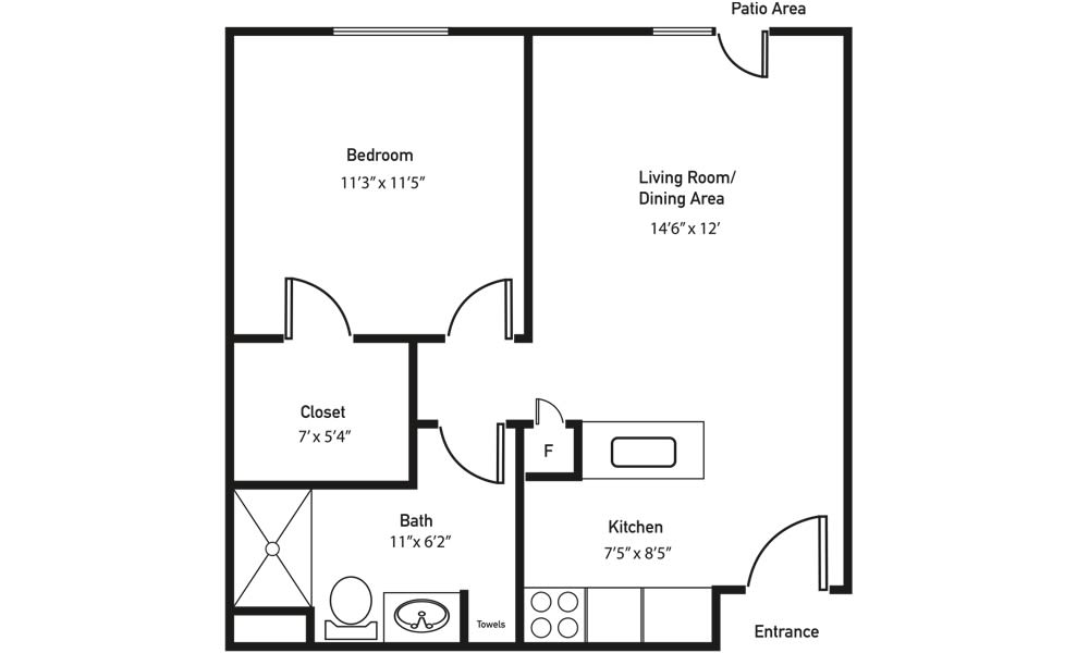 A one-bedroom apartment floor plan featuring a kitchen, living room, bathroom, and closet.