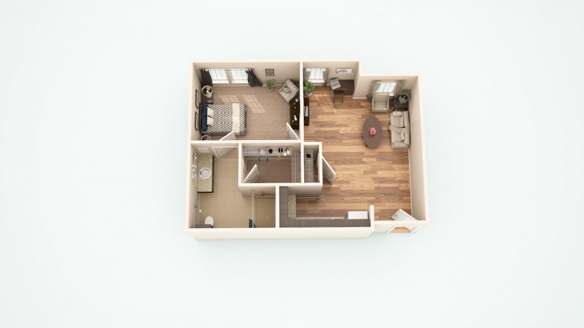 A 3D-rendered floor plan of a one-bedroom apartment featuring a living room, kitchen, and bathroom.