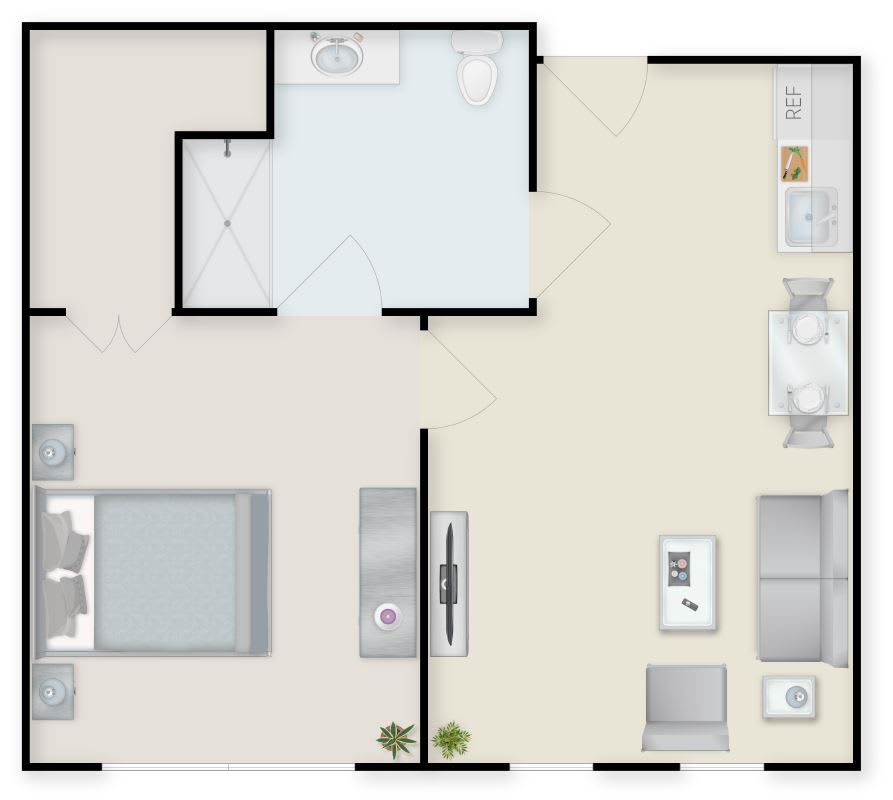 A floor plan of a one-bedroom apartment featuring a kitchen, living area, bathroom, and bedroom.