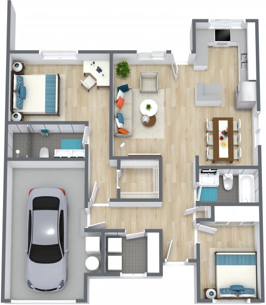 A detailed floor plan of a house featuring a garage, two bedrooms, a living room, kitchen, and bathroom.