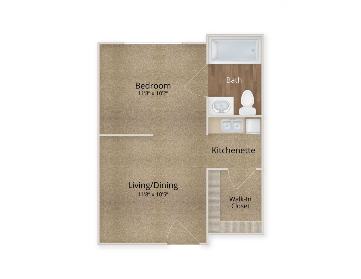 A simple floor plan showing a one-bedroom apartment with living/dining area, bathroom, and walk-in closet.
