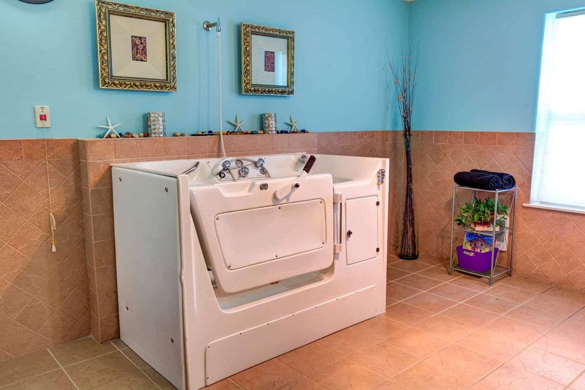 A modern bathroom featuring a walk-in tub designed for accessibility and comfort.