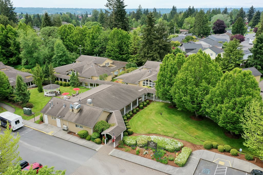 An aerial view of a residential house surrounded by lush greenery and landscaping.
