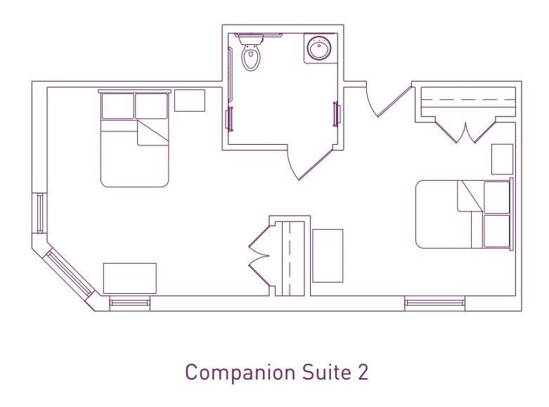 Floor plan of a Companion Suite 2 with bedroom and bathroom.