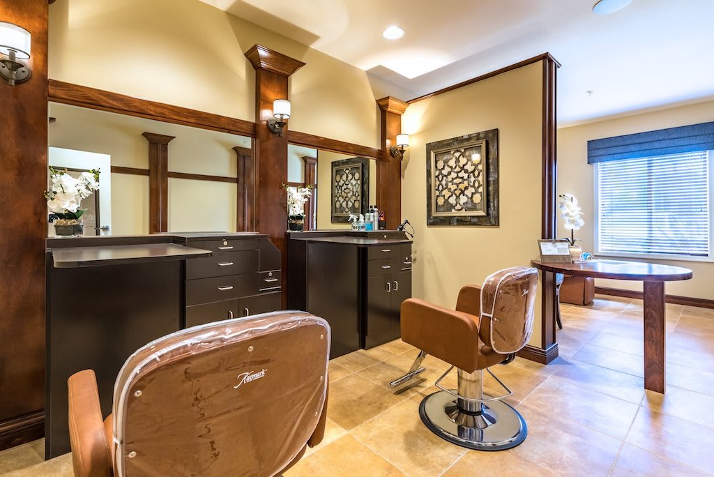 Interior of a salon with styling chairs, mirrors, and elegant decor.