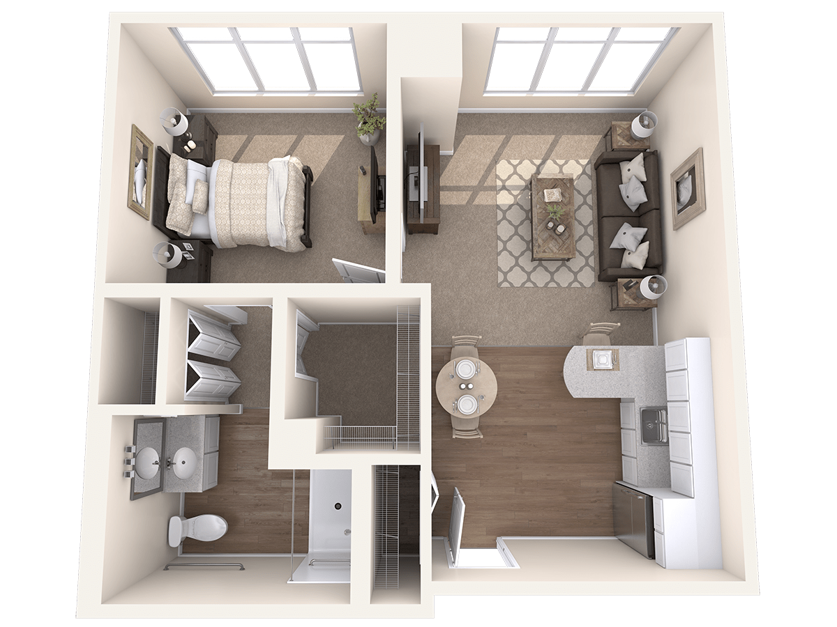 A top-down view of a one-bedroom apartment floor plan, showcasing an open living area, kitchen, bedroom, and bathroom.