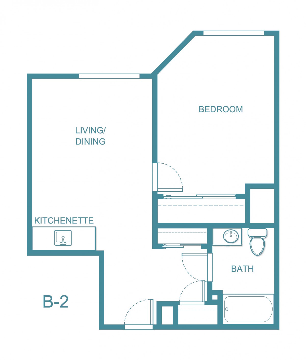 A floor plan of a one-bedroom apartment, including a living/dining area, kitchenette, bathroom, and bedroom.