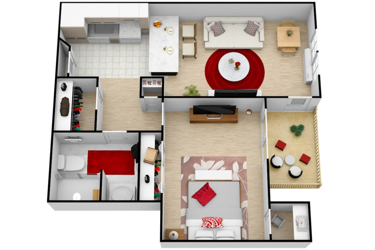 A detailed floor plan of a modern apartment featuring a living room, kitchen, bedroom, and bathroom.