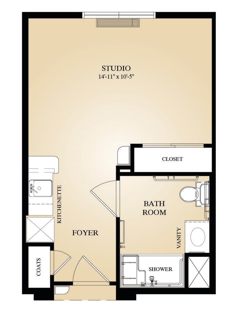A floor plan layout of a studio apartment with designated areas for living, kitchen, and bathroom.