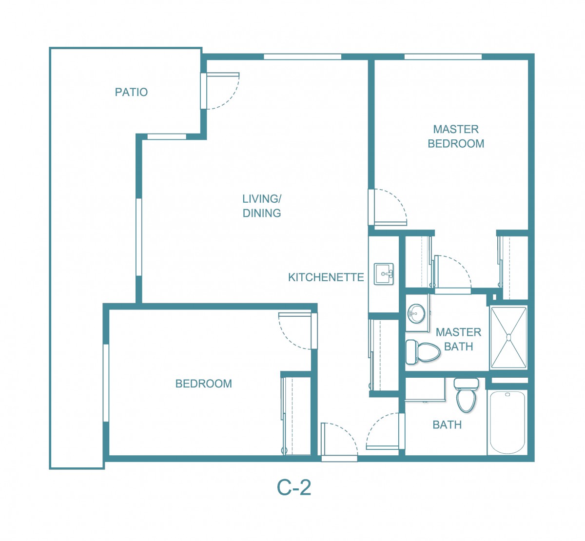 A floor plan of an apartment unit labeled C-2, featuring a bedroom, bathroom, kitchen, and living room.