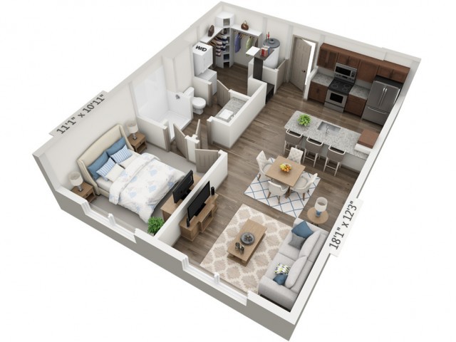A 3D floor plan of a one-bedroom apartment featuring a living room, kitchen, and bathroom.