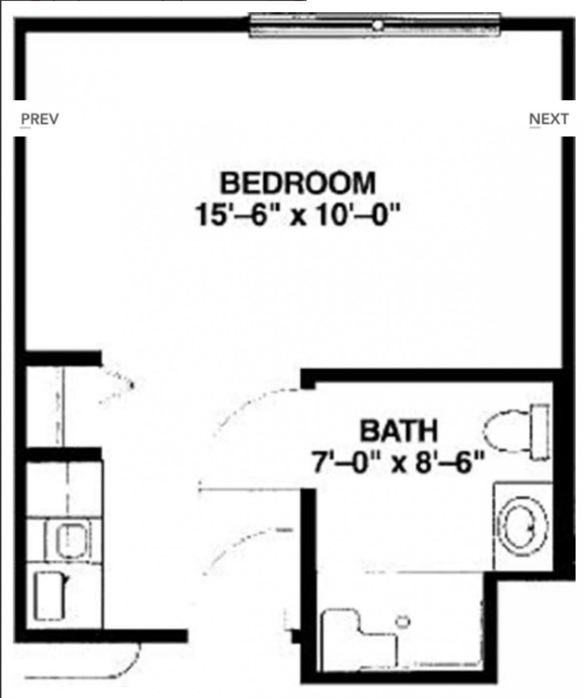 A floor plan depicting a bedroom and a bathroom layout.