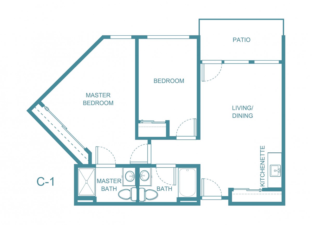 A detailed floor plan of an apartment showing room layouts including a master bedroom, additional bedroom, two bathrooms, living/dining area, and kitchen.