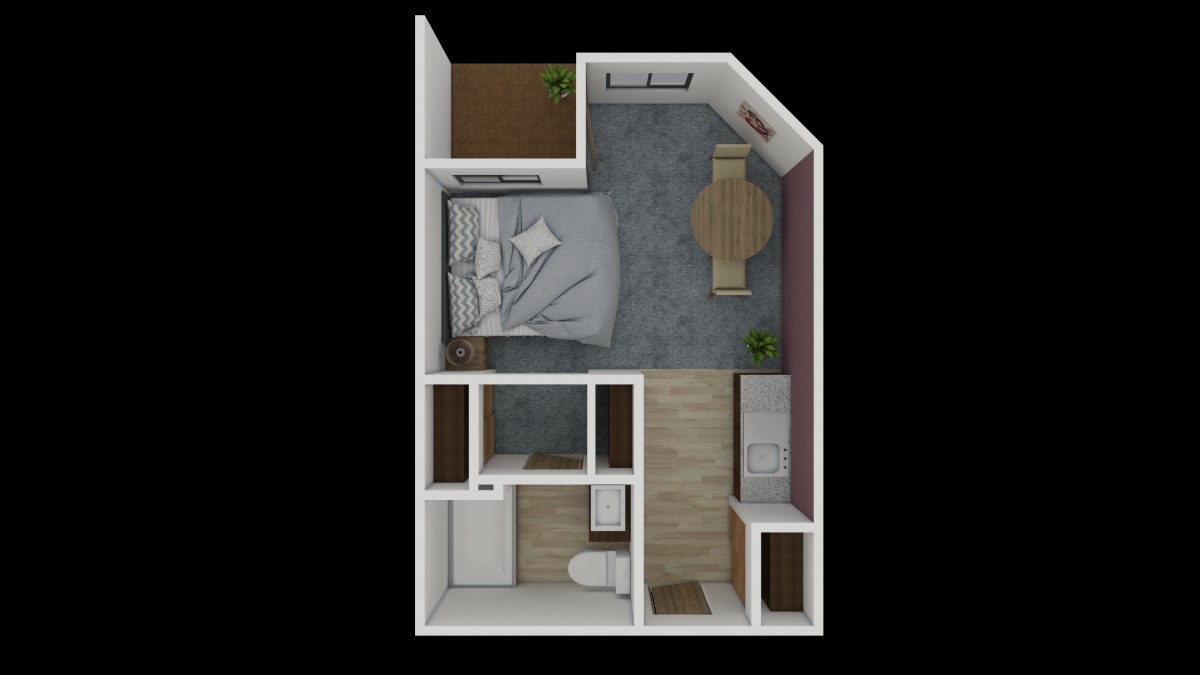 A compact one-bedroom apartment floor plan with a cozy layout.